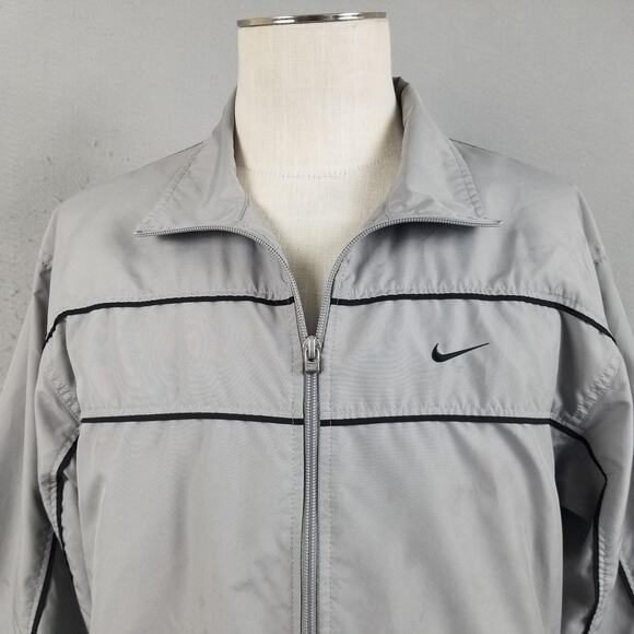 Nike Windbreaker Jacket Mens Large Gray Full Zip Mesh Lined Black Piping Swoosh - Picture 2 of 16